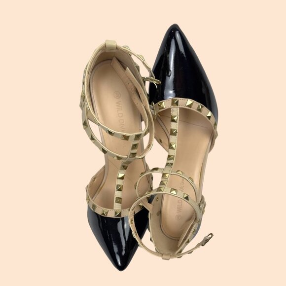 Wild Diva Lounge 64 Sexy Stud Patent Leather Stiletto Black Beige Heels Size 9 - Picture 3 of 16